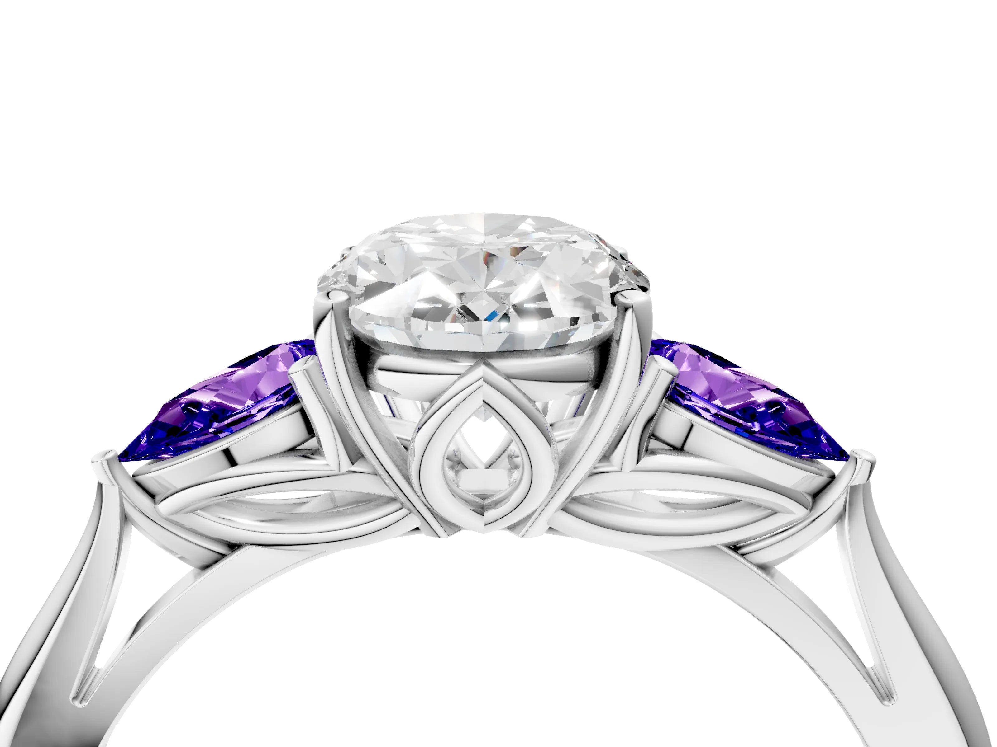 White gold Oval Cut Diamond Three-Stone Ring with Pear with Tanzanite side stone Side Stones and Prong Setting_28