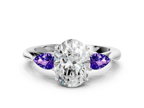 White gold Oval Cut Diamond Three-Stone Ring with Pear with Tanzanite side stone Side Stones and Prong Setting_36