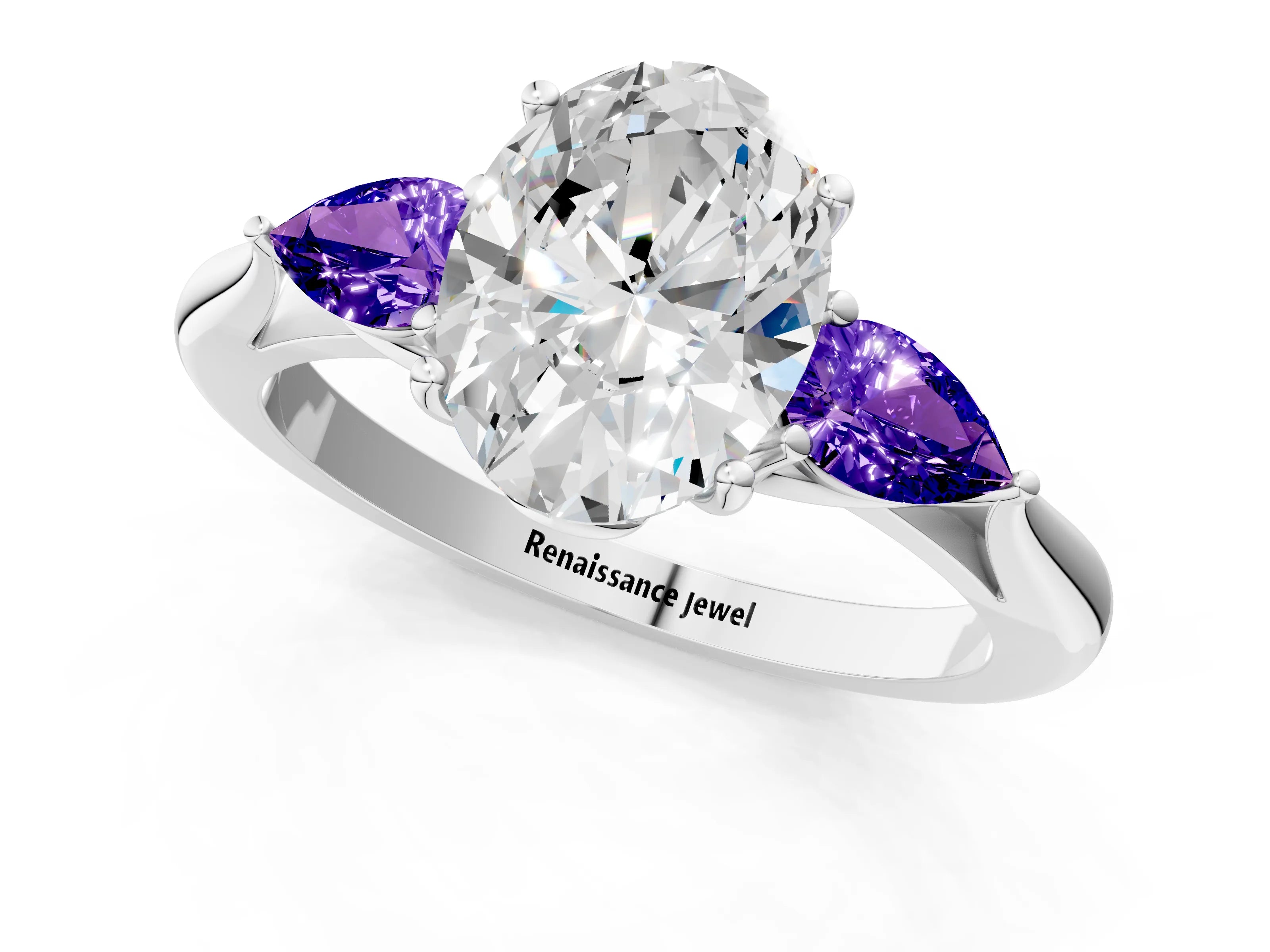 White gold Oval Cut Diamond Three-Stone Ring with Pear with Tanzanite side stone Side Stones and Prong Setting_37