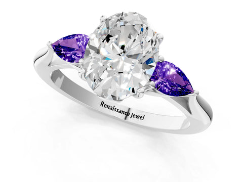 White gold Oval Cut Diamond Three-Stone Ring with Pear with Tanzanite side stone Side Stones and Prong Setting_37