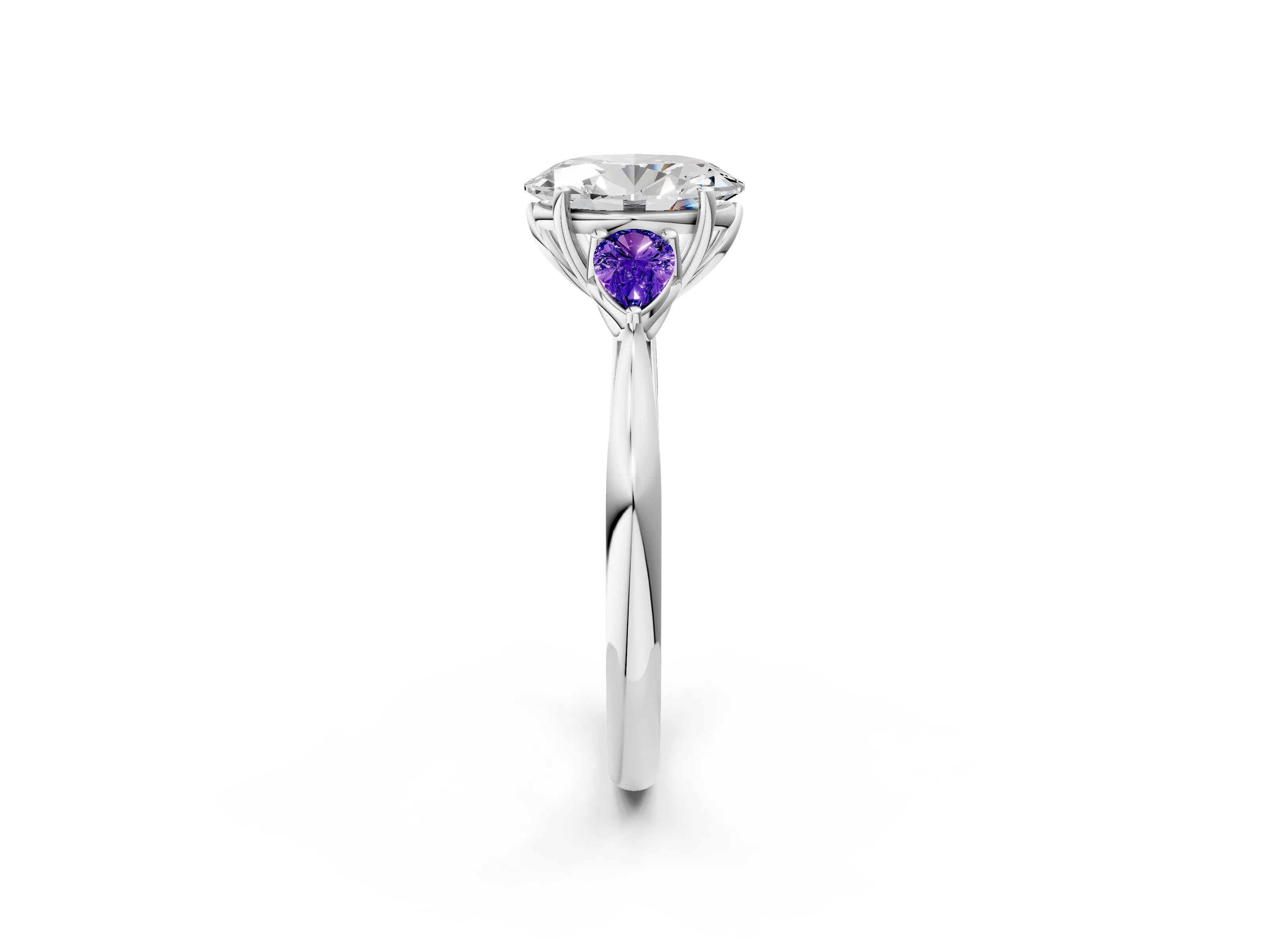 White gold Oval Cut Diamond Three-Stone Ring with Pear with Tanzanite side stone Side Stones and Prong Setting_38