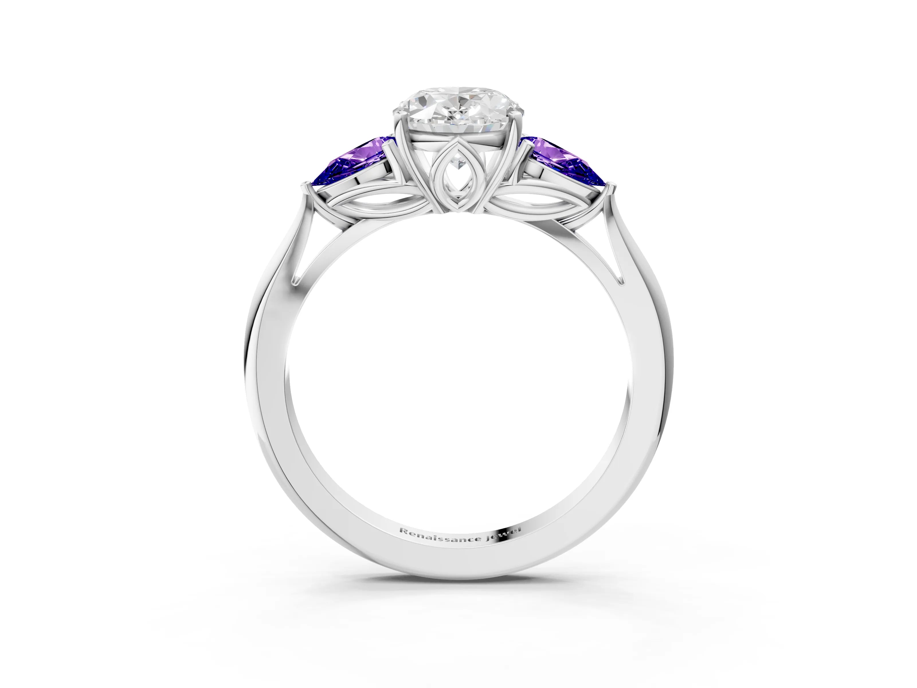 White gold Oval Cut Diamond Three-Stone Ring with Pear with Tanzanite side stone Side Stones and Prong Setting_39
