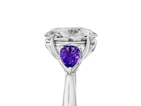 White gold Oval Cut Diamond Three-Stone Ring with Pear with Tanzanite side stone Side Stones and Prong Setting_41