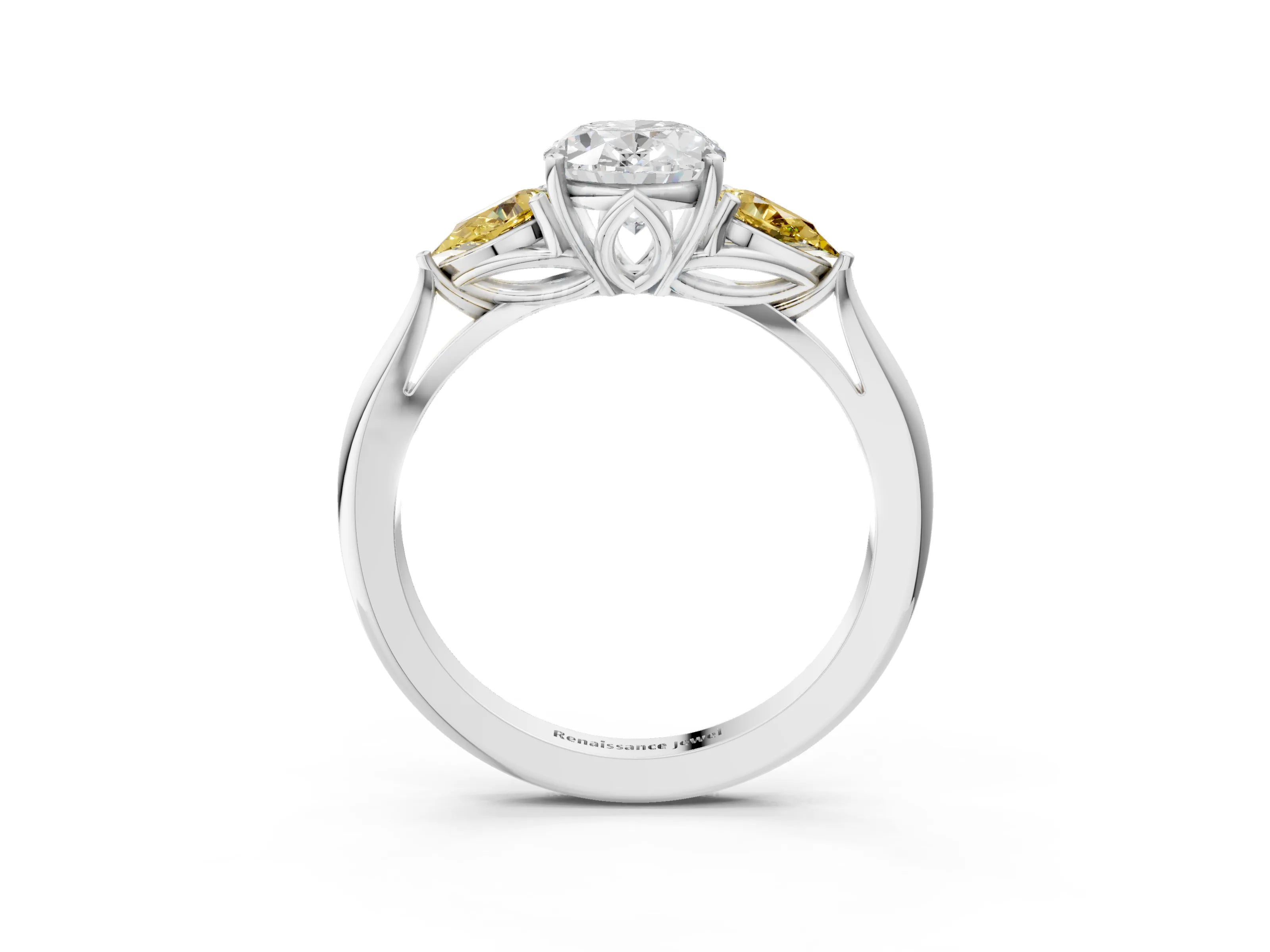 White gold Oval Cut Diamond Three-Stone Ring with Pear with Yellow Sapphire side stone Side Stones and Prong Setting_27