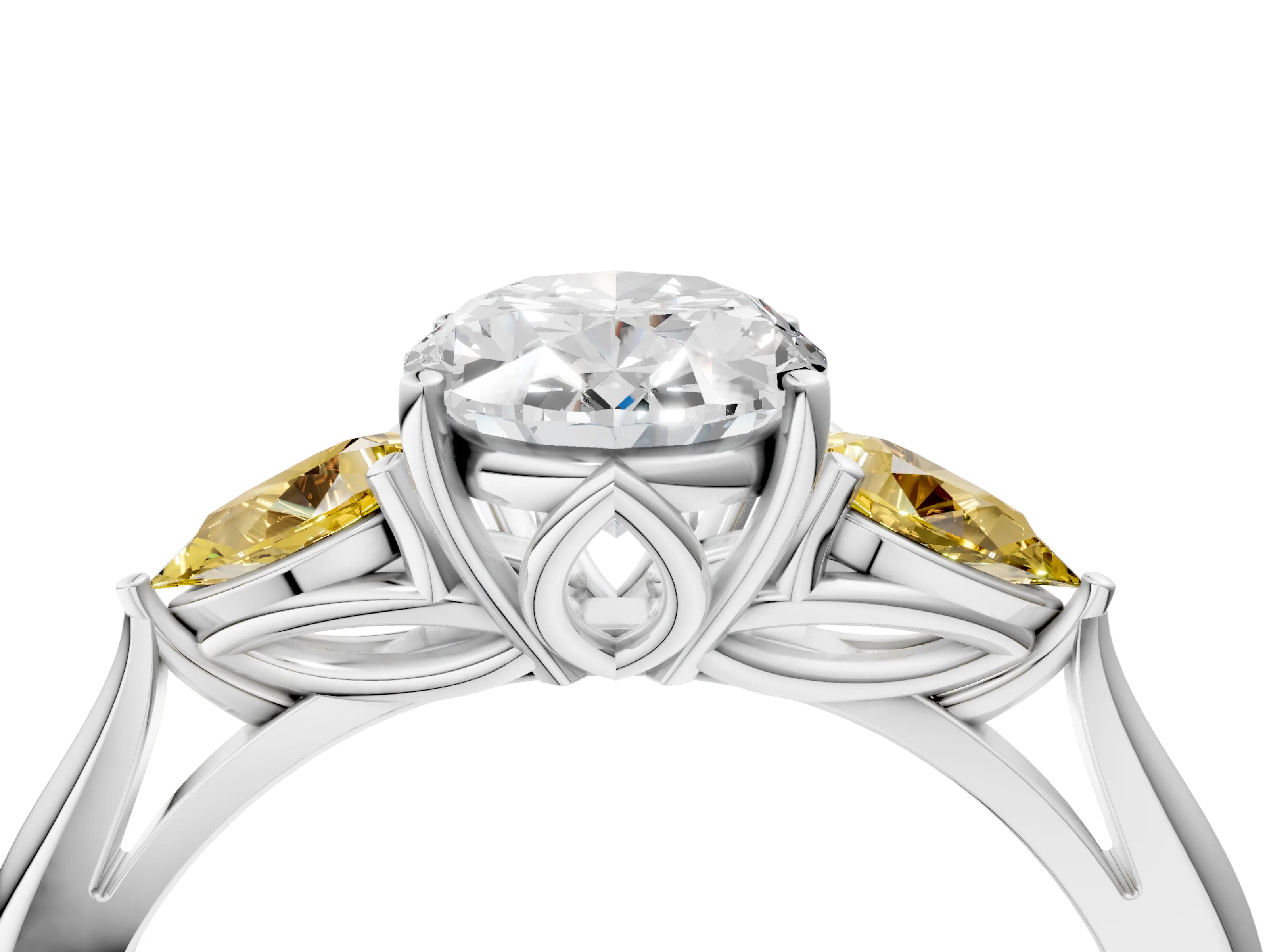 White gold Oval Cut Diamond Three-Stone Ring with Pear with Yellow Sapphire side stone Side Stones and Prong Setting_28