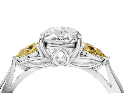 White gold Oval Cut Diamond Three-Stone Ring with Pear with Yellow Sapphire side stone Side Stones and Prong Setting_28