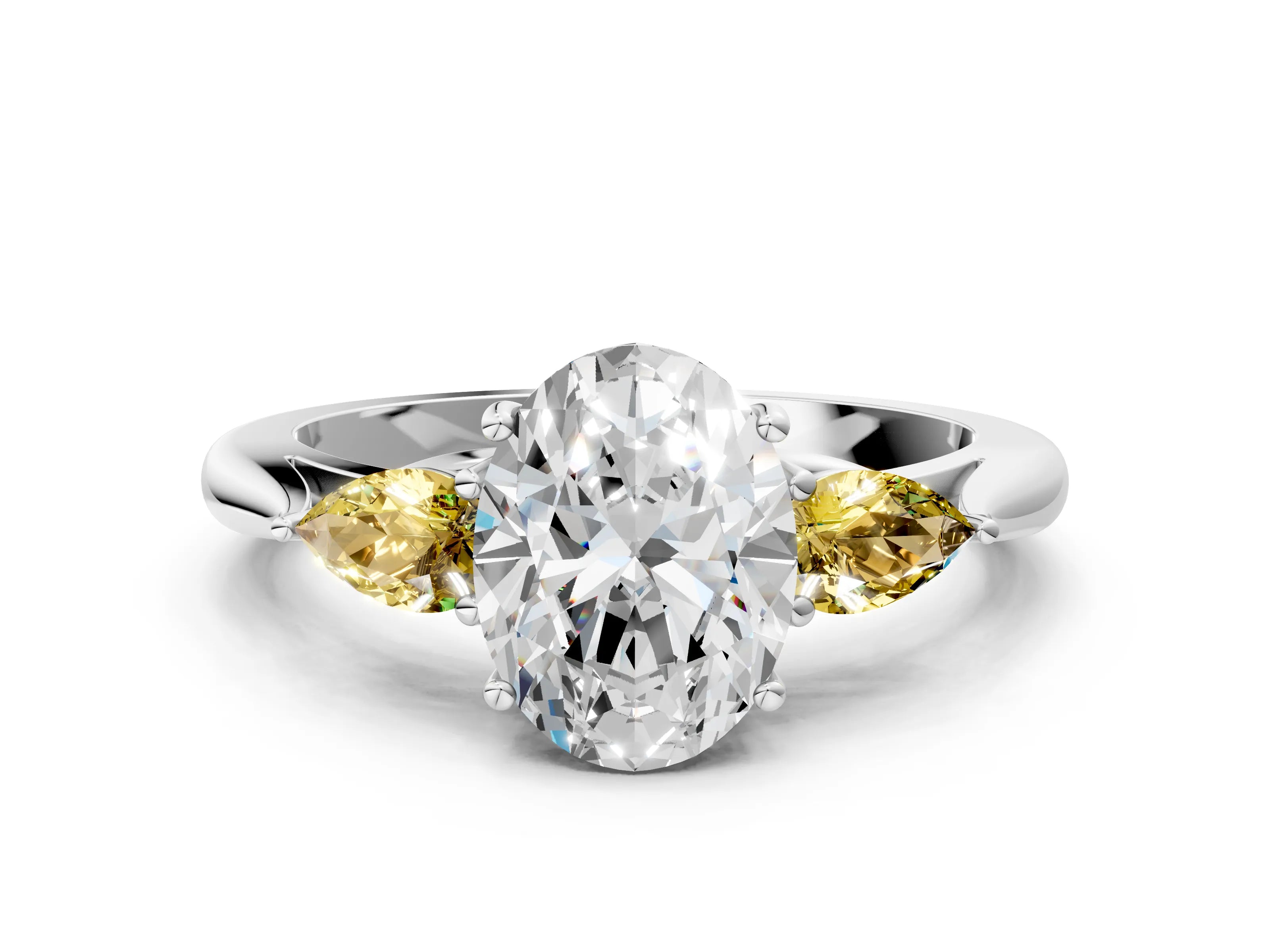White gold Oval Cut Diamond Three-Stone Ring with Pear with Yellow Sapphire side stone Side Stones and Prong Setting_36