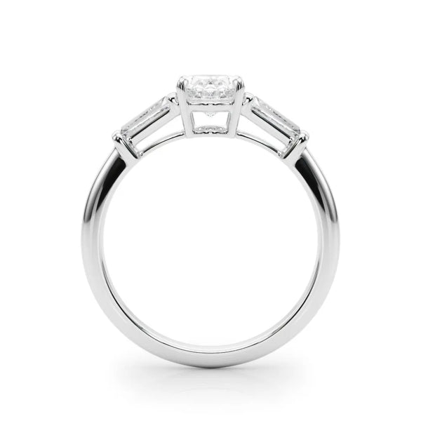 White gold Oval Cut Diamond Three-Stone Ring with Tapered Baguette Side Stones and Prong Setting