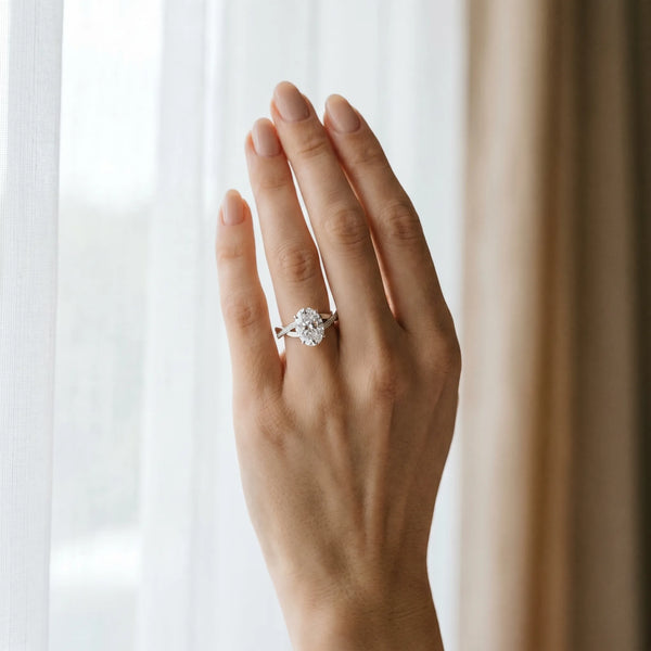 White gold Oval Cut Diamond Twisted Band Engagement Ring with Prong Setting