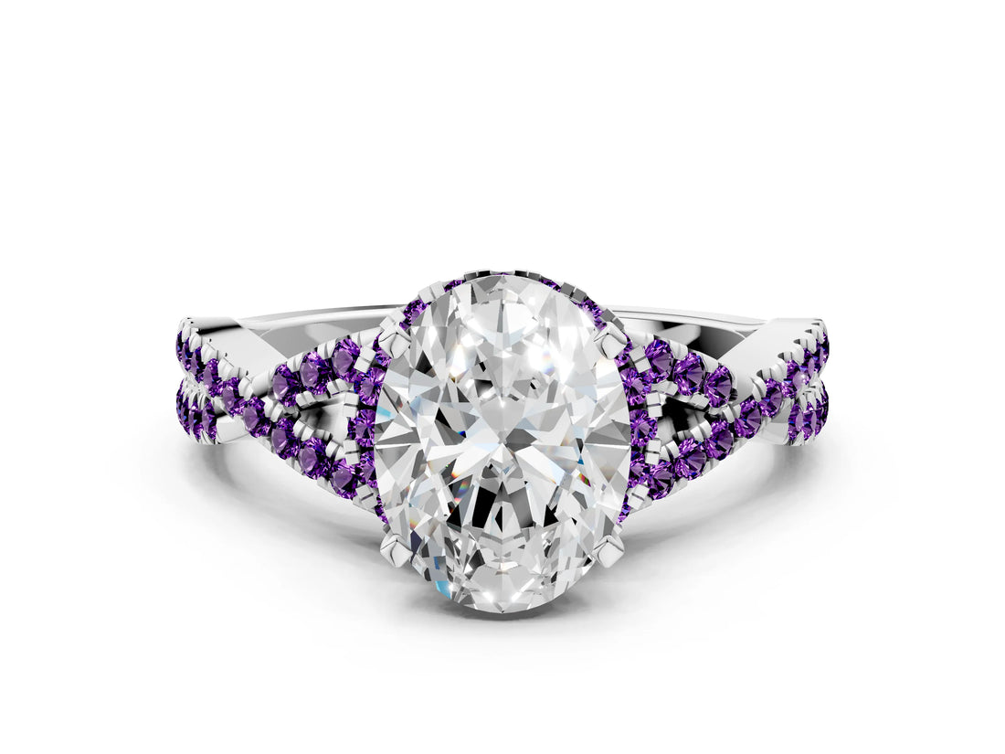 White gold Oval Cut Diamond with Amethyst side stone Halo Twist Band Solitaire Prong Setting Ring_12