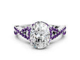 White gold Oval Cut Diamond with Amethyst side stone Halo Twist Band Solitaire Prong Setting Ring_12