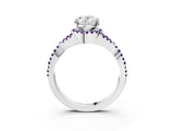 White gold Oval Cut Diamond with Amethyst side stone Halo Twist Band Solitaire Prong Setting Ring_15