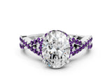 White gold Oval Cut Diamond with Amethyst side stone Halo Twist Band Solitaire Prong Setting Ring_25