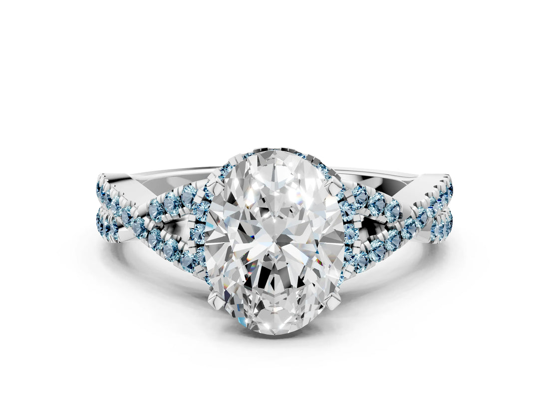 White gold Oval Cut Diamond with Aquamarine side stone Halo Twist Band Solitaire Prong Setting Ring_12