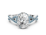 White gold Oval Cut Diamond with Aquamarine side stone Halo Twist Band Solitaire Prong Setting Ring_12