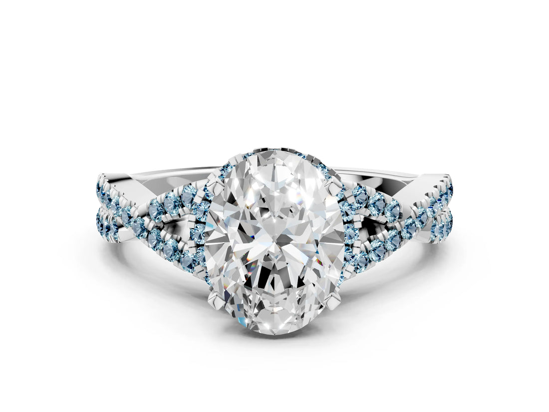 White gold Oval Cut Diamond with Aquamarine side stone Halo Twist Band Solitaire Prong Setting Ring_36