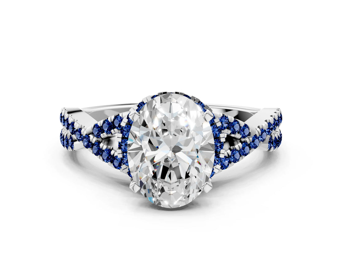 White gold Oval Cut Diamond with Blue Sapphire side stone Halo Twist Band Solitaire Prong Setting Ring_12