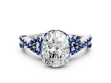White gold Oval Cut Diamond with Blue Sapphire side stone Halo Twist Band Solitaire Prong Setting Ring_12
