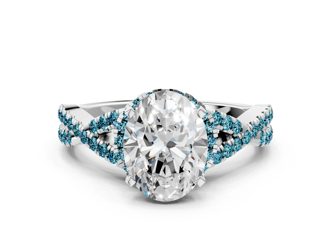 White gold Oval Cut Diamond with Blue Topaz side stone Halo Twist Band Solitaire Prong Setting Ring_12