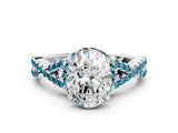 White gold Oval Cut Diamond with Blue Topaz side stone Halo Twist Band Solitaire Prong Setting Ring_12