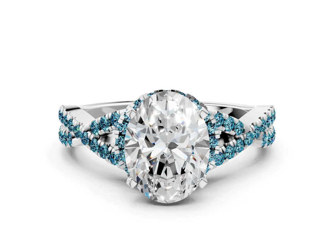 White gold Oval Cut Diamond with Blue Topaz side stone Halo Twist Band Solitaire Prong Setting Ring_24