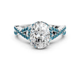 White gold Oval Cut Diamond with Blue Topaz side stone Halo Twist Band Solitaire Prong Setting Ring_24