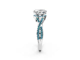 White gold Oval Cut Diamond with Blue Topaz side stone Halo Twist Band Solitaire Prong Setting Ring_26