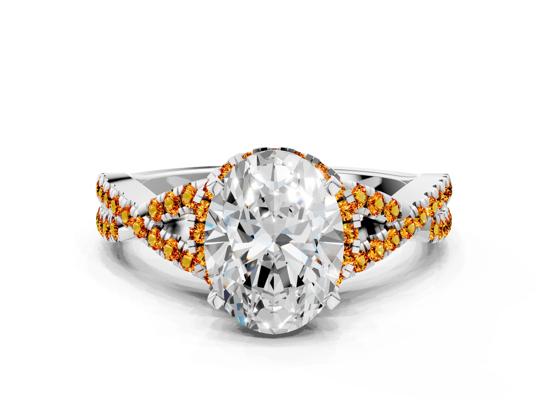 White gold Oval Cut Diamond with Citrine side stone Halo Twist Band Solitaire Prong Setting Ring_12