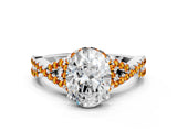 White gold Oval Cut Diamond with Citrine side stone Halo Twist Band Solitaire Prong Setting Ring_12
