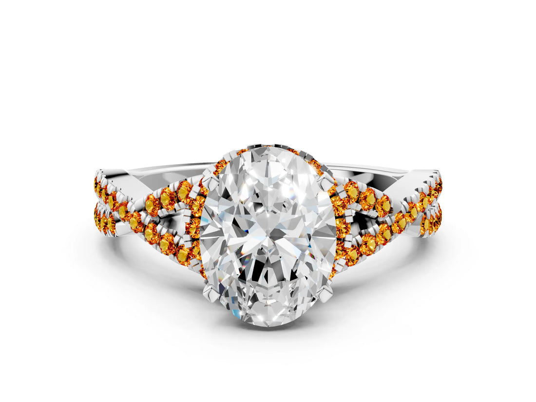 White gold Oval Cut Diamond with Citrine side stone Halo Twist Band Solitaire Prong Setting Ring_36