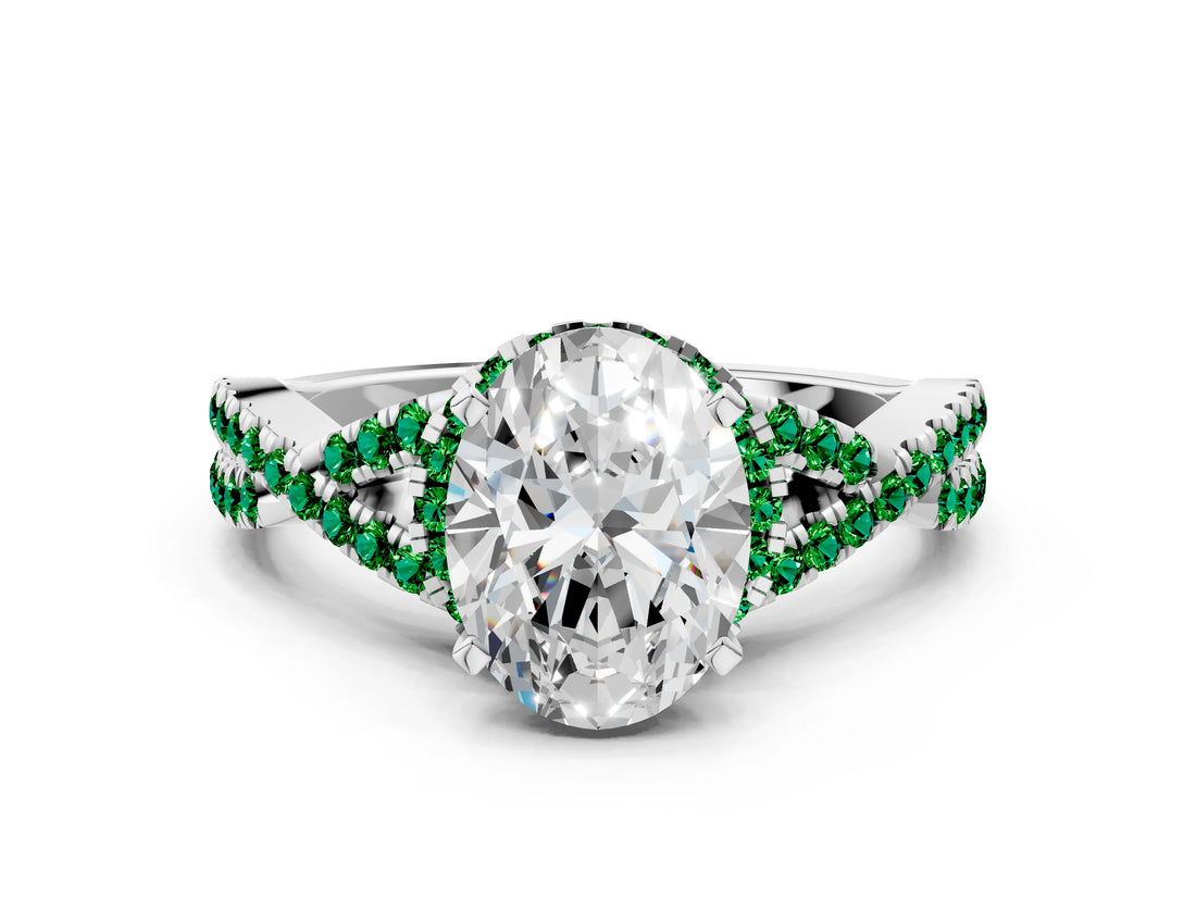 White gold Oval Cut Diamond with Emerald side stone Halo Twist Band Solitaire Prong Setting Ring_12