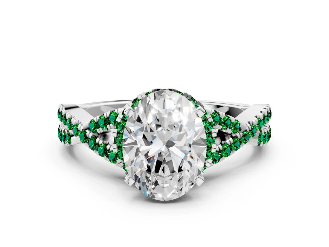 White gold Oval Cut Diamond with Emerald side stone Halo Twist Band Solitaire Prong Setting Ring_36