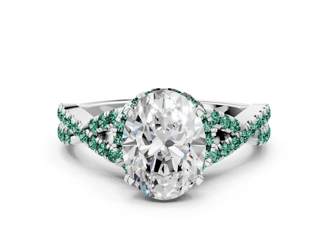 White gold Oval Cut Diamond with Green Sapphire side stone Halo Twist Band Solitaire Prong Setting Ring_12
