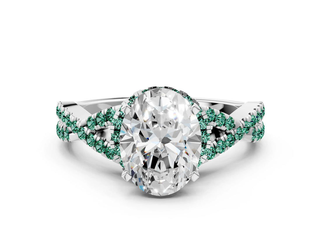 White gold Oval Cut Diamond with Green Sapphire side stone Halo Twist Band Solitaire Prong Setting Ring_36