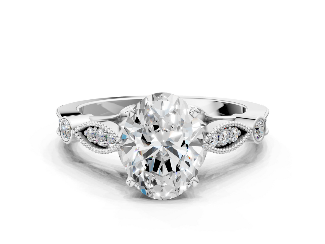 White gold Oval Cut Diamond with Milgrain Marquise and Bezel Accents on a Solitaire Band with Prong Setting_253