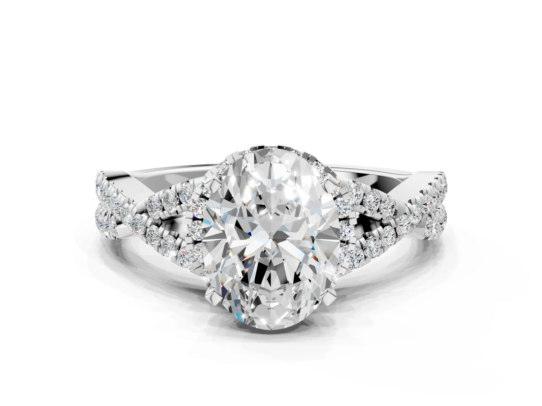White gold Oval Cut Diamond with Moissanite side stone Halo Twist Band Solitaire Prong Setting Ring_12