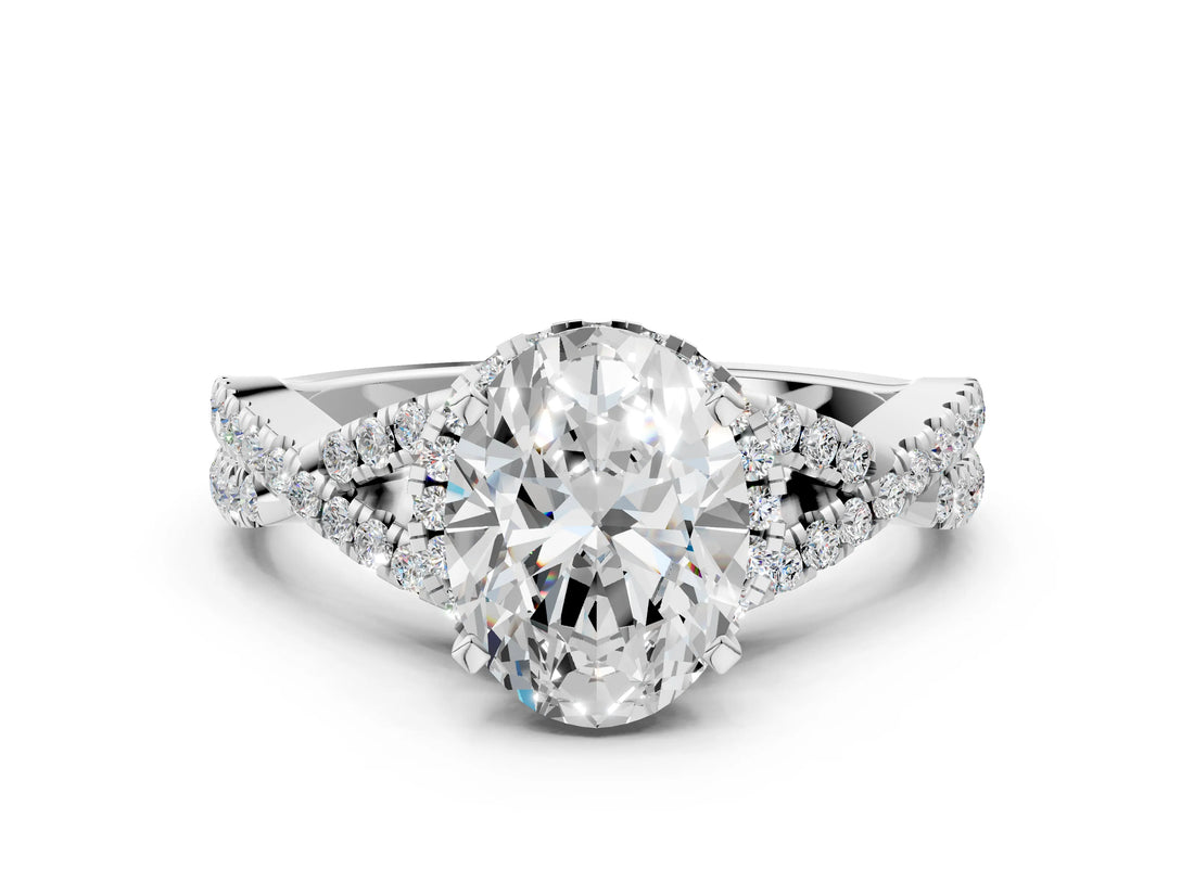 White gold Oval Cut Diamond with Moissanite side stone Halo Twist Band Solitaire Prong Setting Ring_36
