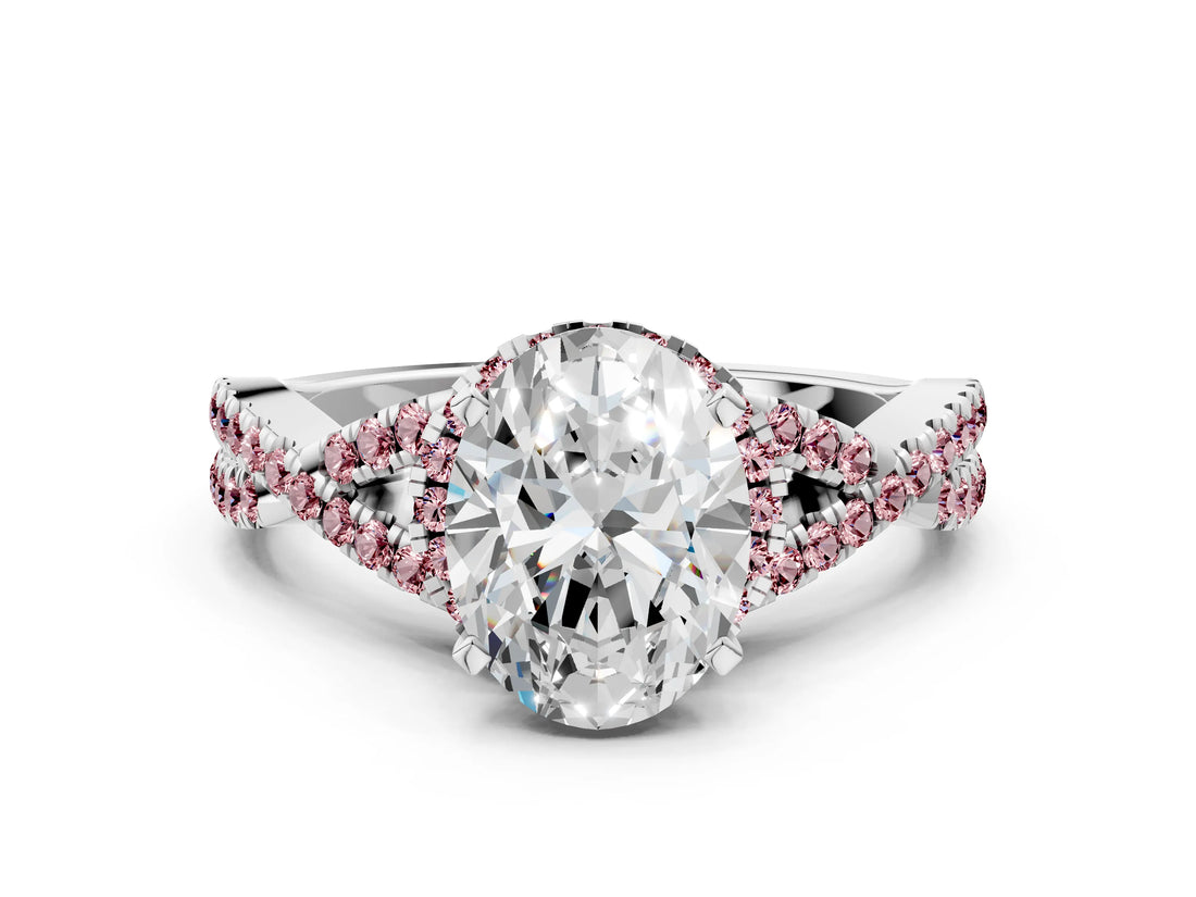 White gold Oval Cut Diamond with Morganite side stone Halo Twist Band Solitaire Prong Setting Ring_12