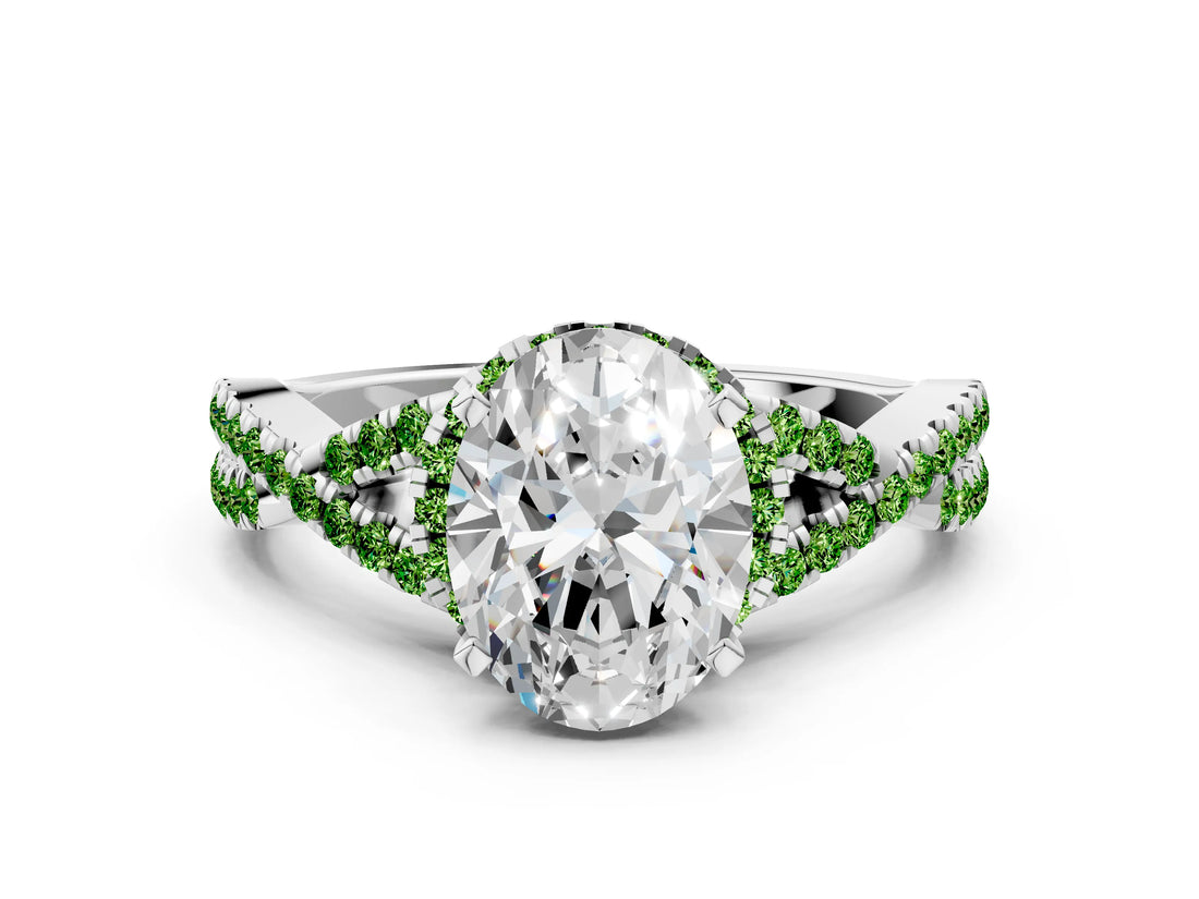 White gold Oval Cut Diamond with Peridot side stone Halo Twist Band Solitaire Prong Setting Ring_24