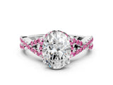 White gold Oval Cut Diamond with Pink Sapphire side stone Halo Twist Band Solitaire Prong Setting Ring_12