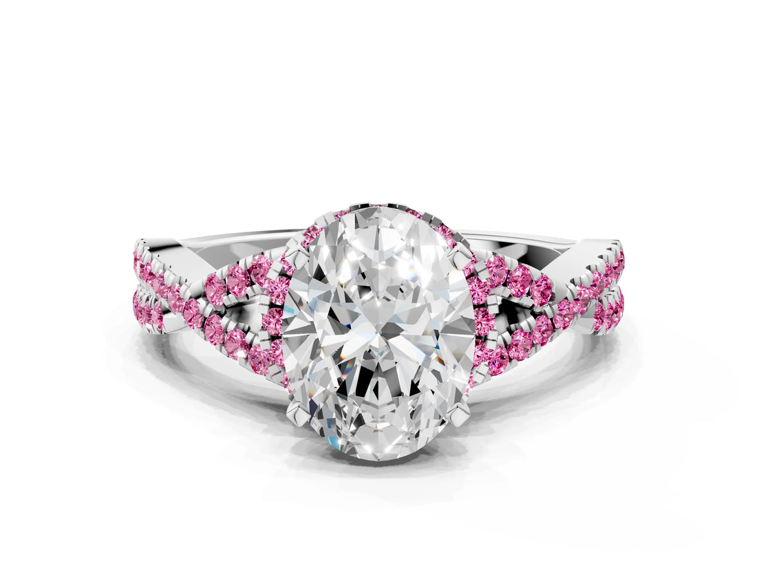 White gold Oval Cut Diamond with Pink Sapphire side stone Halo Twist Band Solitaire Prong Setting Ring_37