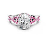 White gold Oval Cut Diamond with Pink Sapphire side stone Halo Twist Band Solitaire Prong Setting Ring_37