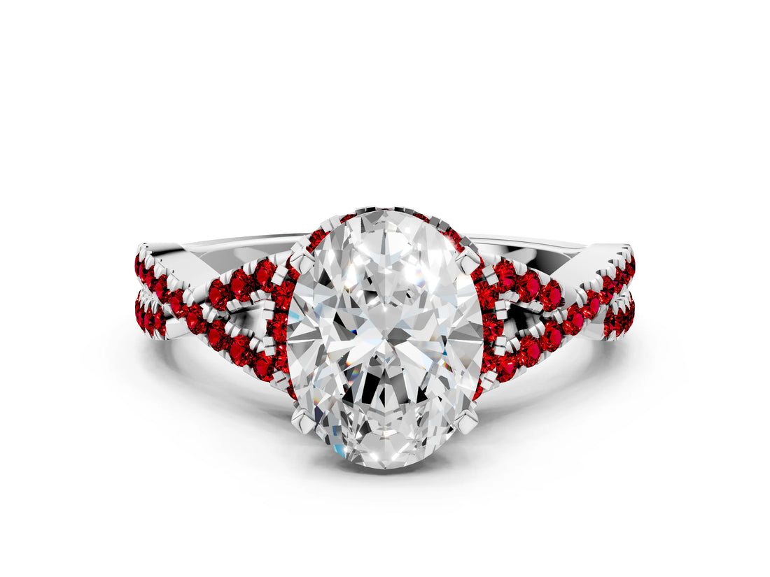 White gold Oval Cut Diamond with Ruby side stone Halo Twist Band Solitaire Prong Setting Ring_36