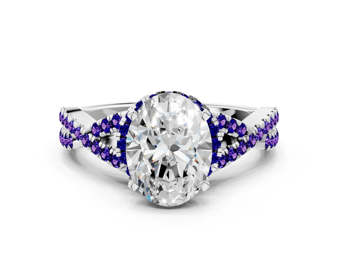 White gold Oval Cut Diamond with Tanzanite side stone Halo Twist Band Solitaire Prong Setting Ring_12