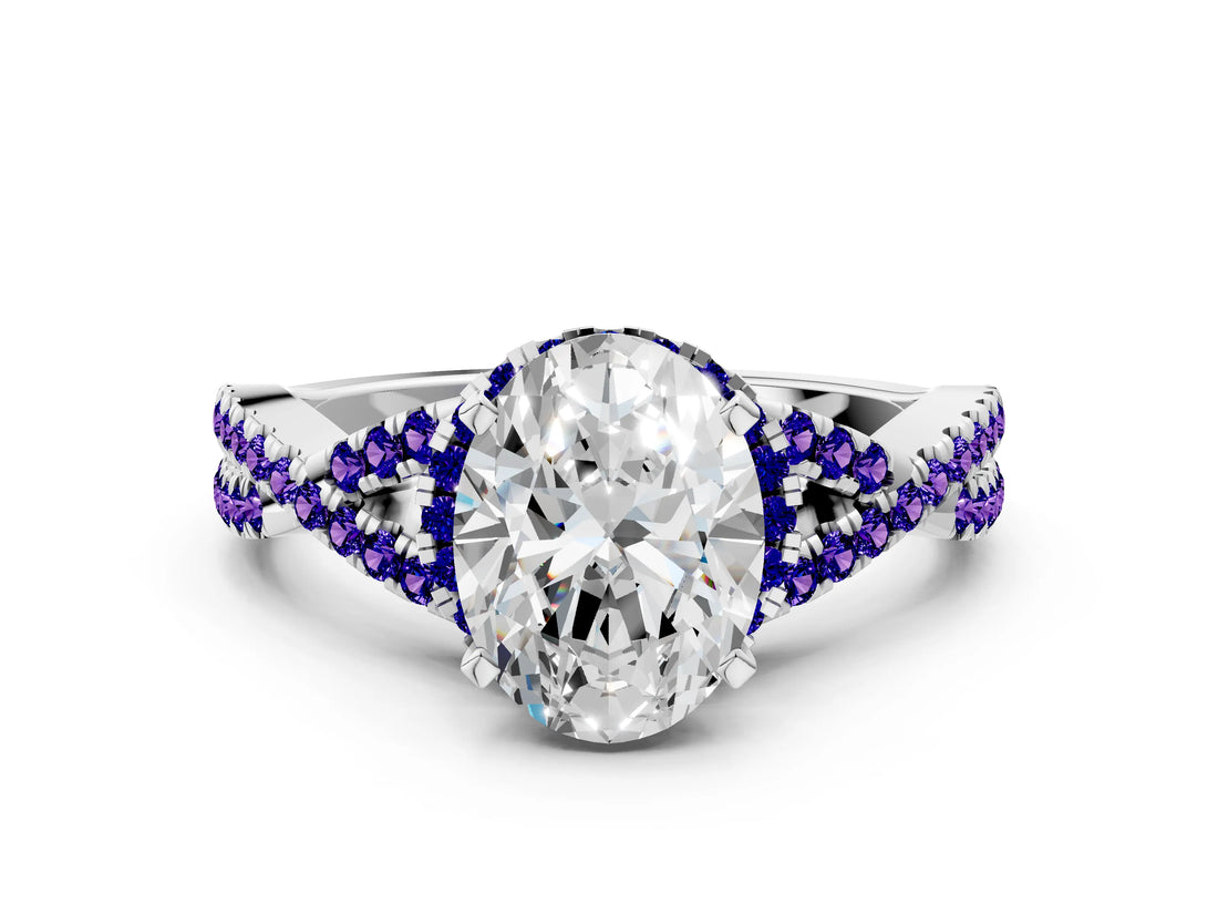 White gold Oval Cut Diamond with Tanzanite side stone Halo Twist Band Solitaire Prong Setting Ring_36