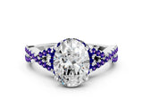 White gold Oval Cut Diamond with Tanzanite side stone Halo Twist Band Solitaire Prong Setting Ring_36