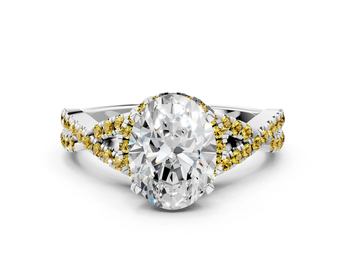 White gold Oval Cut Diamond with Yellow Sapphire side stone Halo Twist Band Solitaire Prong Setting Ring_36