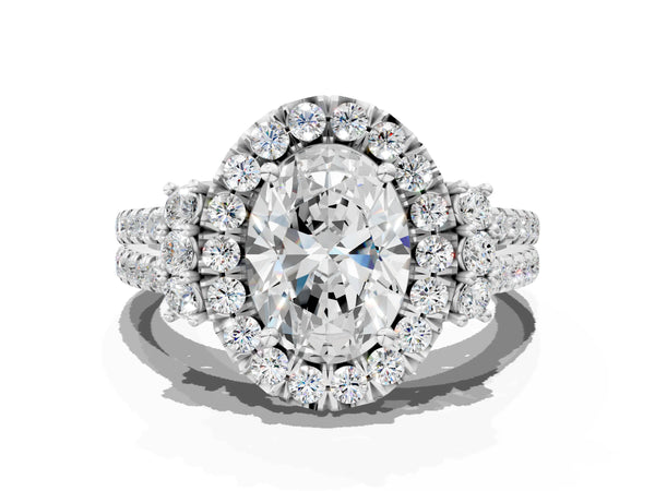 White gold Oval Cut Double Halo Diamond Engagement Ring with Pave Band and Four-Prong Setting