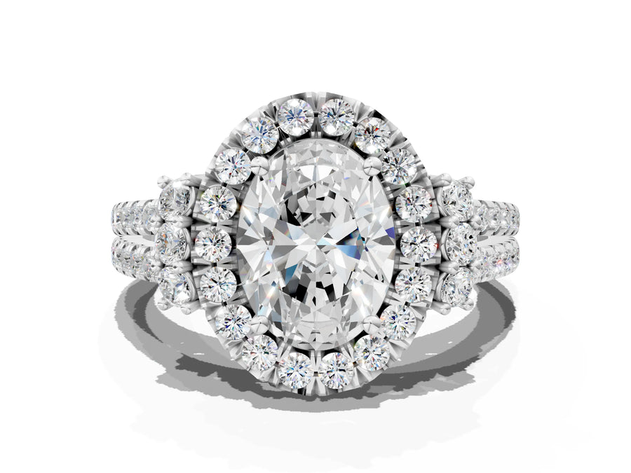 White gold Oval Cut Double Halo Diamond Engagement Ring with Pave Band and Four-Prong Setting