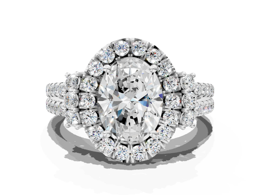 White gold Oval Cut Double Halo Diamond Engagement Ring with Pave Band and Four-Prong Setting_43